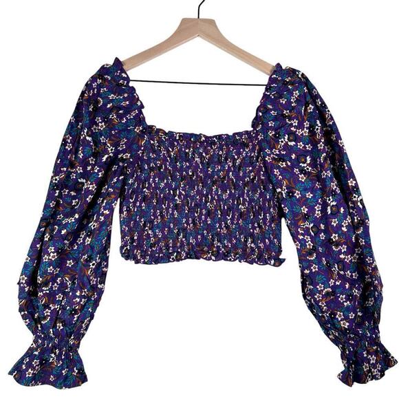 BAND OF THE FREE Agathe Purple Floral Smocked Blouse Balloon Sleeve Peasant Top - Picture 1 of 13